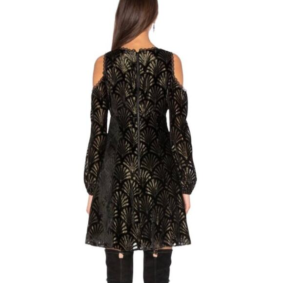 Alice + Olivia Arla Cold Shoulder Black and Gold Fit and Flare Mini Dress Size 2 - Picture 2 of 12